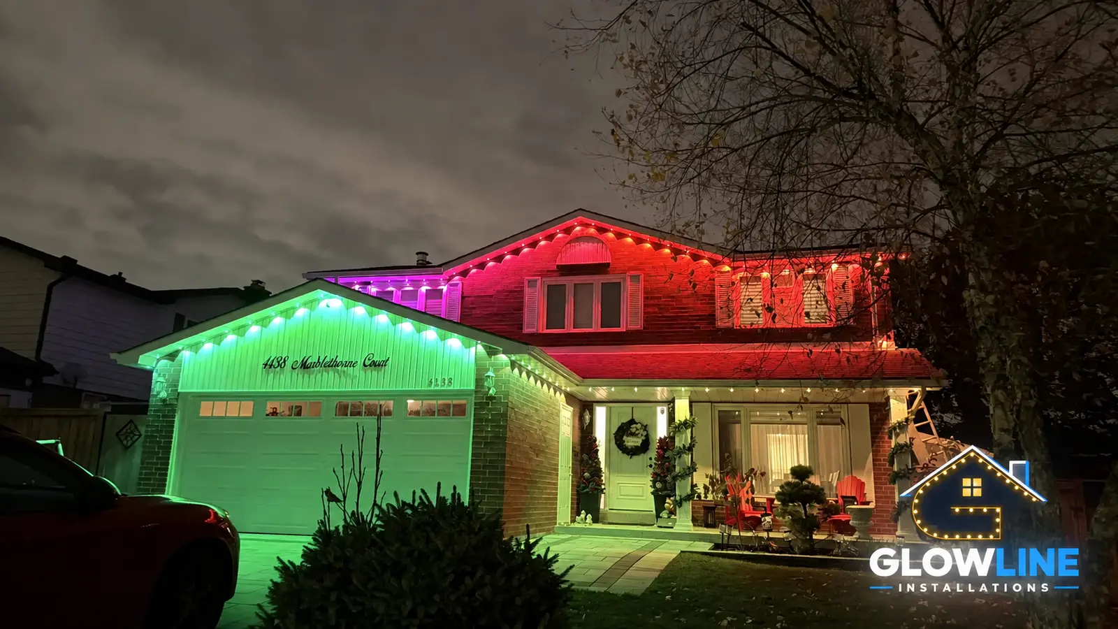 GTA home illuminated with colourful outdoor lights suitable for Diwali celebrations
