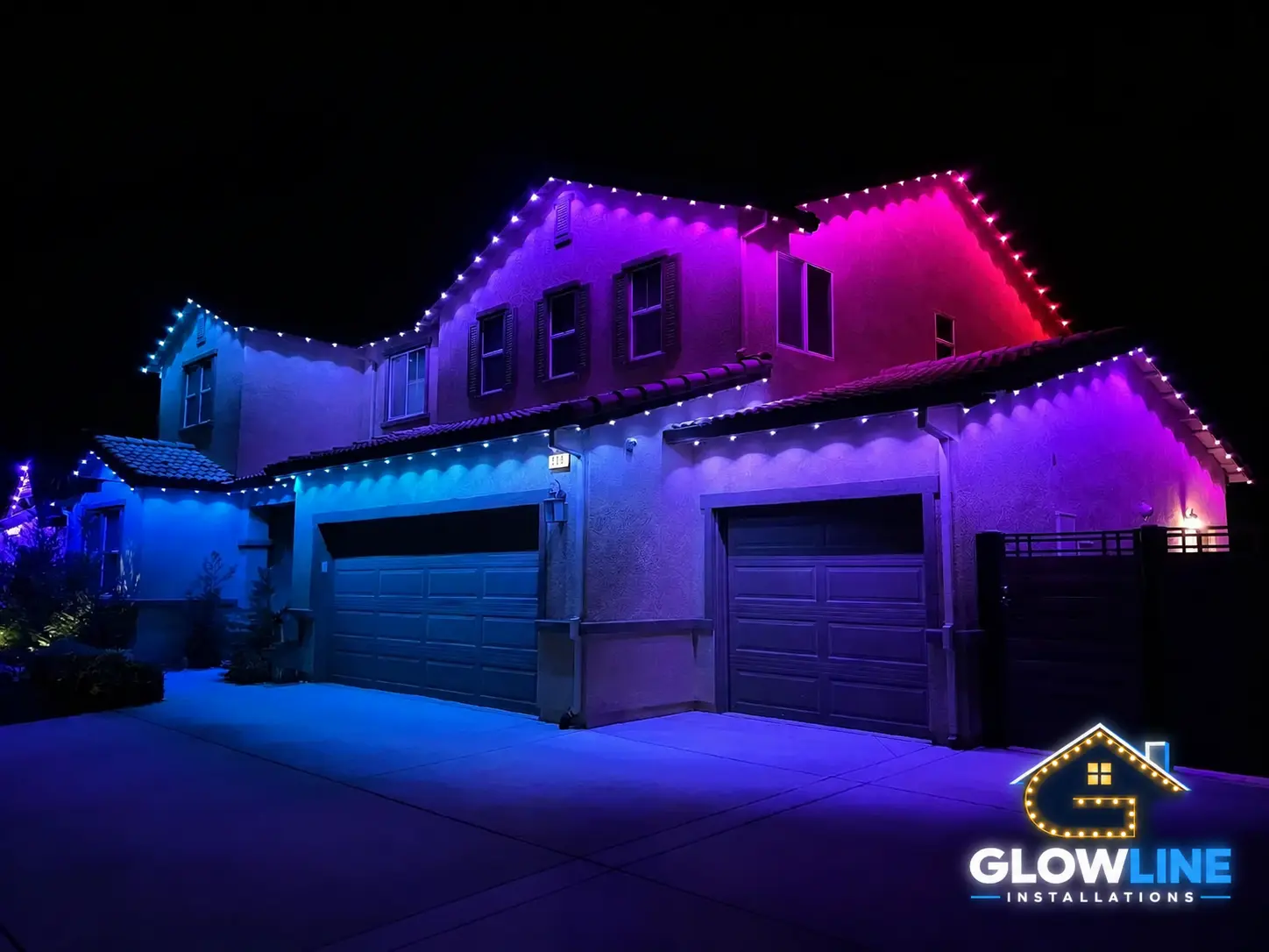 Modern GTA home with blue and magenta permanent outdoor lights